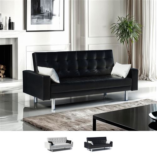 Modus Sofà - Canapé convertible 2 places en simili cuir avec accoudoirs et oreillers Agata, Couleur: Noir