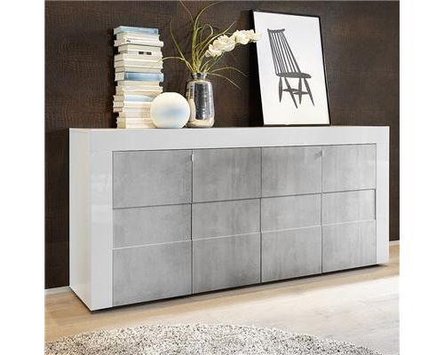 Bahut blanc laqué brillant et effet béton FACTORY - Blanc - L 181 x P 42 x H 84 cm