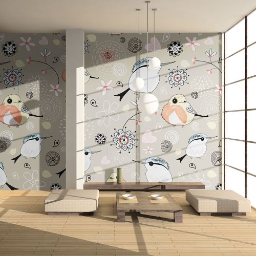Papier peint - Oiseaux sur fond rose - Décoration, image, art | Pour enfants |