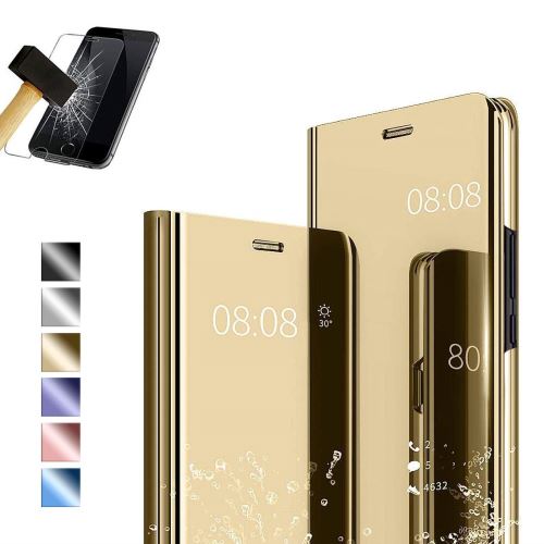 Coque Etui Housse Compatible pour Le Samsung Galaxy M10 Miroir Stand Cover-Doré + Film Verre Trempé pour Une Protection Intégrale