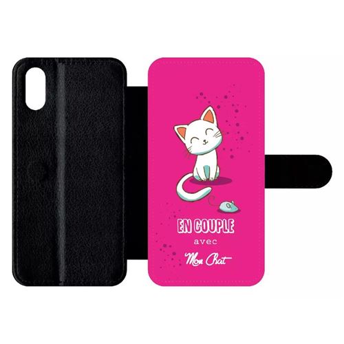 Etui My-Kase pour iPhone X - en couple avec mon chat fond rose - Simili-cuir Noir