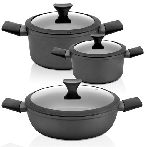 Batterie de Cuisine 6 Pièces, Induction, Aluminium, Couvercles en Verre, Florina, Heston, , Noir