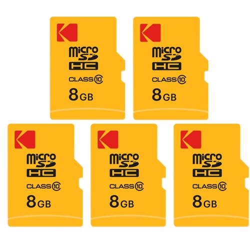 Kodak Lot de 5 Cartes Memoire Micro SDHC 8 Go + Adaptateurs – Classe 10 – Haute Vitesse pour Smartphones, Tablettes, Cameras et GPS