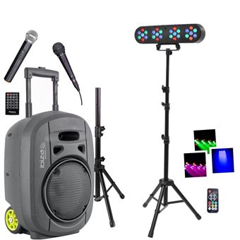 Pack Sono Enceinte Portable Autonome Bluetooth Ibiza PORT8VHF-MKII-TWS USB 400W 3 Micros - Pied Support - Pied 4 Projecteurs PAR - 1