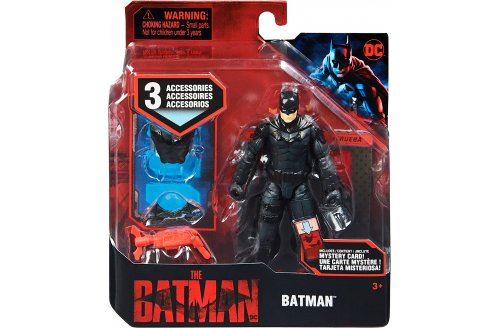 Coffret figurine batman gris 10 cm avec 3 accessoires mystere - dc - set super heros + 1 carte tigre - jouet garcon