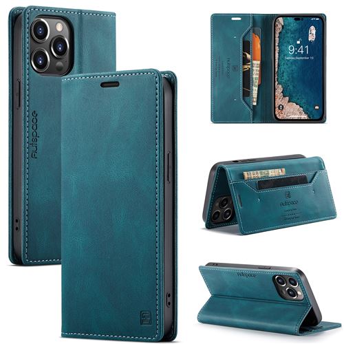 AutSpace Étui en cuir magnétique 2 en 1 porte monnaie étui pour téléphone Pour iPhone 14 Pro Max - Bleu