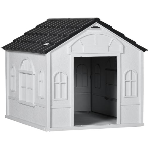 Niche chien style cottage dim. 65L x 75l x 63H cm - motifs fenêtres, porte, aération - PP blanc gris