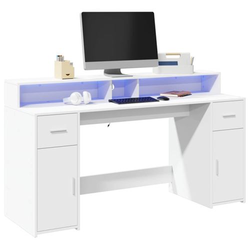 Bureau avec lumières LED blanc 160x55x91 cm bois d ingénierie