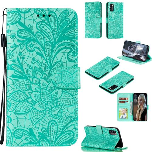 Etui en PU peau de fleur en dentelle imprimée avec support vert pour votre Samsung Galaxy A41 (Global Version)