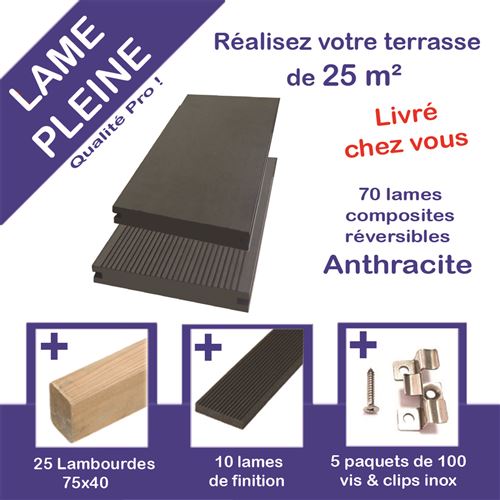 Pack complet 25 m² lame de terrasse composite PLEINE Anthracite - Green Outside - P25LTP2600X1A