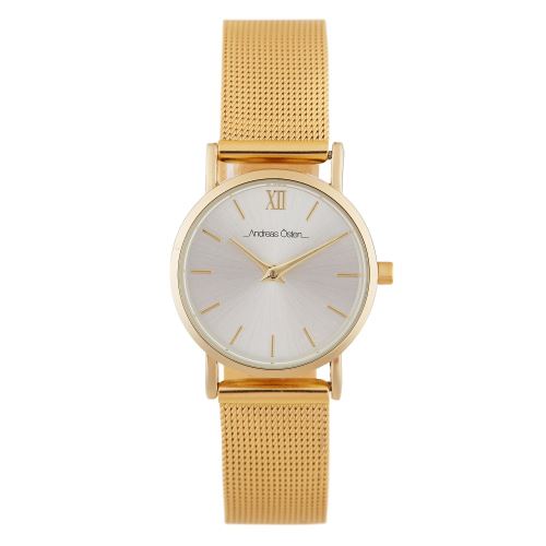 Montre Female Andreas Osten Mouvement Quartz Cadran Argent 26mm Et Bracelet Doré En Maille AO-255