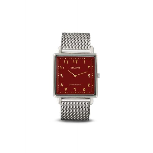 Montre Femme Selvine Cadran 28 mm En Alliage Burgundy Et Bracelet Argenté En Maille Milanaise SARA10