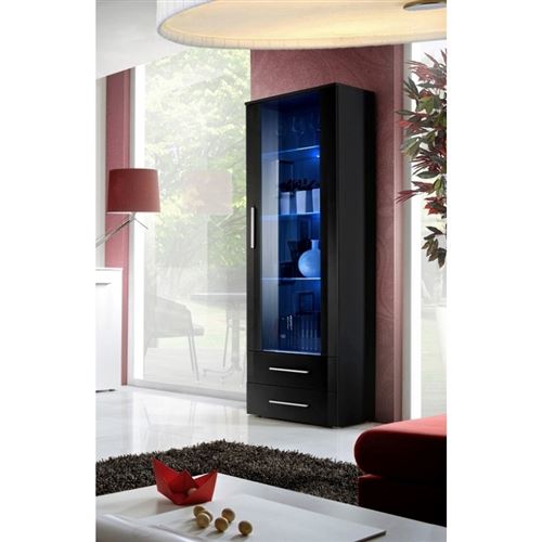 Vitrine NEO I design, coloris noir et noir brillant, tiroirs noirs brillants + LED.