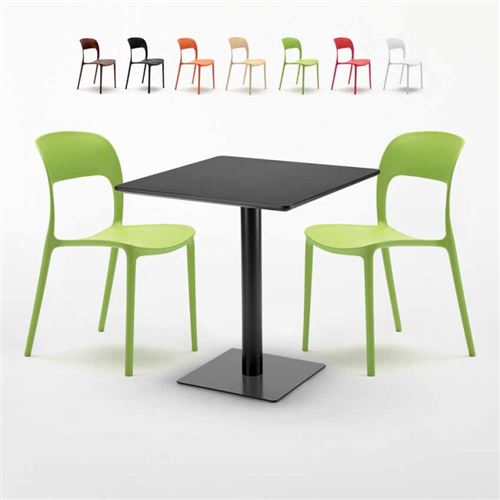 Table carrée noire 70x70 avec 2 chaises colorées Restaurant Kiwi, Couleur: Vert