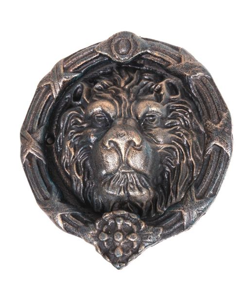 Heurtoir de porte en fonte verte et dorée tête de lion ronde - 24 cm