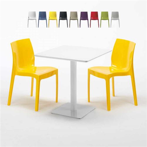 Table carrée 70x70 blanche avec 2 chaises colorées Ice Meringue, Couleur: Jaune