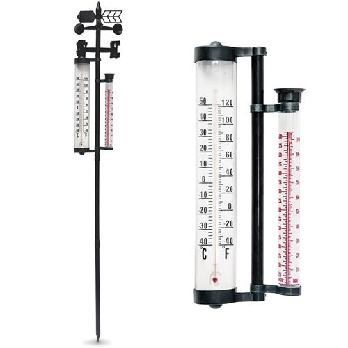 Grand Thermometre de Jardin - Pluviometre et Girouette - Direction du Vent - 145 cm