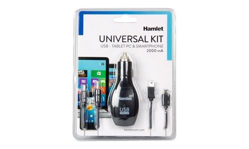 Hamlet Universal Kit - Stroomadapter voor auto - 2000 mA (USB) - op kabel: Micro-USB