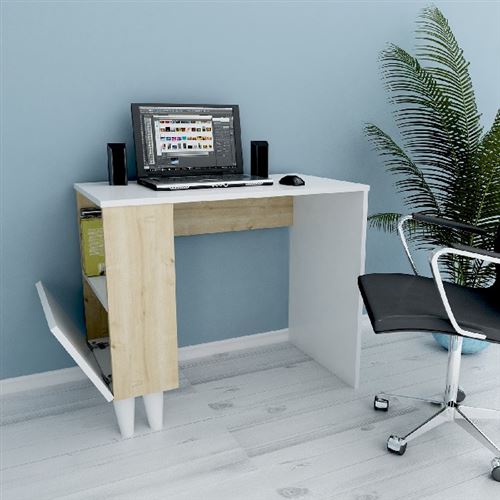 HOMEMANIA Paris Bureau - Blanc, Chêne - 90 x 50 x 75 cm
