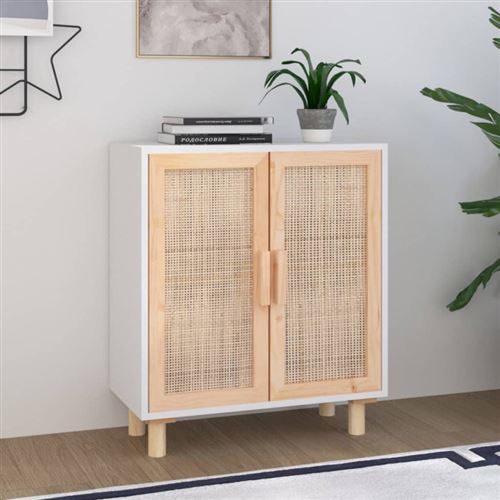 Non Communiqué Blanc Buffet 60X30x70 Cm Bois De Pin Massif Et Rotin Naturel