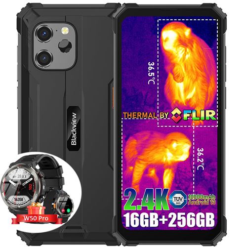 Blackview BV8900 Téléphone Portable Incassable Android 13 6,5 2,4K 16Go+256Go 64MP 10380mAh NFC Noir avec Blackview W50 Pro