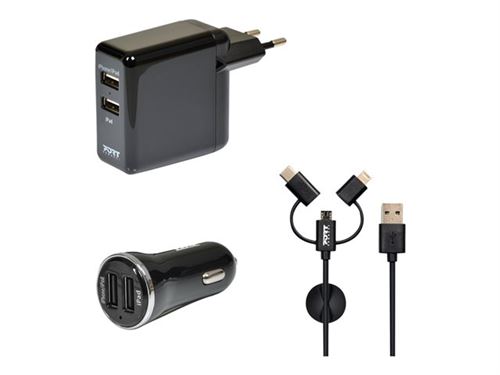 PORT Connect - Kit d'adaptateur secteur - (adaptateur secteur, adaptateur d'alimentation de voiture, câble de charge / de données) - 17 Watt - 3.4 A - noir - Europe