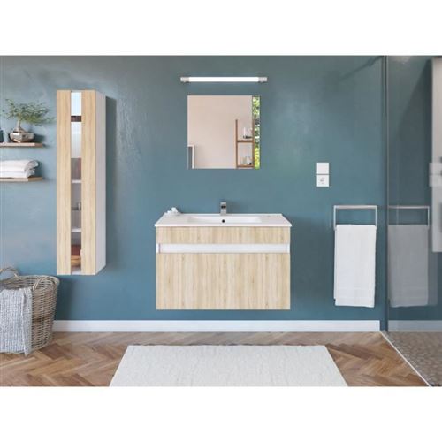 Salle de Bain complete L 80cm - Meuble + Vasque + Colonne vitree - Decor chene Sonoma - ALBAN