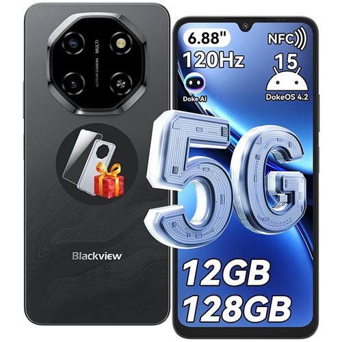 5G Téléphone Portable Débloqué Blackview SHARK 6 12Go+128Go/2To 6.67 50MP+13MP 5000mAh Android 15 Smartphone,Dual SIM,GPS - Noir