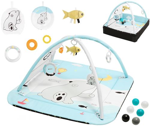 Tapis d’éveil Bébé Moby-System développement sensoriel Parc Bébé avec Accessoires : Anneaux de Dentition Jouets & Balles