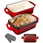 NutriChef Moule à pain en fonte émaillée - 22,9 x 12,7 cm avec couvercle - gants en silicone - passe au lave-vaisselle et four - rouge