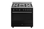 Centre de cuisson 90 cm, 5 bruleurs gaz dont 1 ultra-rapide surpuissant 4 kW, four multifonction (9 dont double chaleur tournante), nettoyage catalyse, moufle geant 115 litres nets, eclairage 2 halogenes, classe A, compartiment de rangement abattant