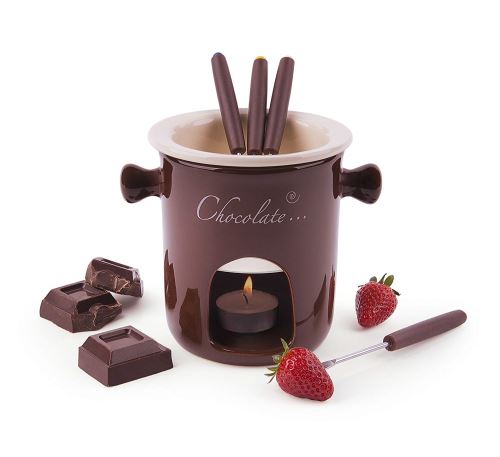 Excelsa Chocolate Service à Fondue au Chocolat, 7 pièces, céramique, crème/Marron, Manche Marron, 12 x 12 x 13,5 cm