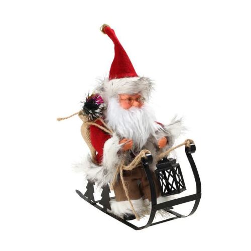 personnage de noël : pere noël automate sur luge - h 25 x 24,5 x 10 cm - rouge et blanc