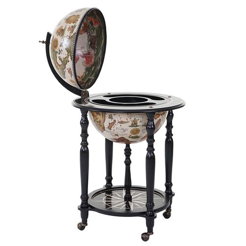 Globe terrestre, bar de salon MENDLER HWC-A78, minibar roulant, bois d'eucalyptus