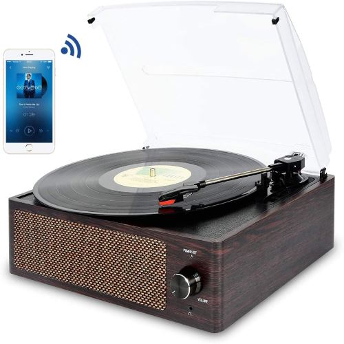 Bluetooth Platine Vinyle, Retro Portable Tourne-Disque à Trois Vitesse 33/45/78 avec Haut-parleurs intégrés, Bois Naturel