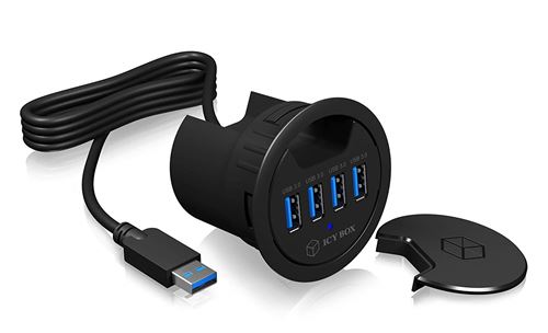 ICY BOX IB-Hub1403 Concentrateur USB de Bureau (60 mm) pour Installation, 4X Ports USB 3.0, Presse-étoupe, Alimentation Disponibl
