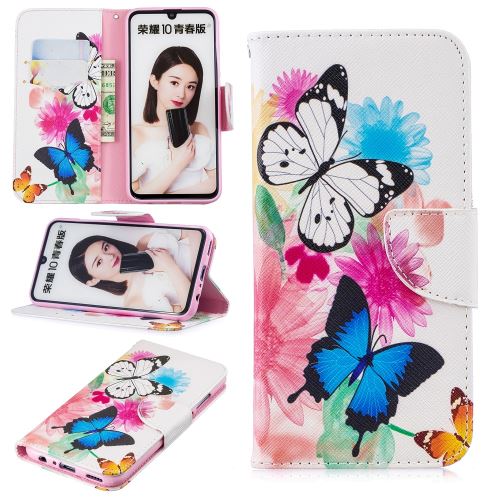 Etui en PU feuille de papier pour l'impression de motifs papillons et fleurs pour votre Huawei P Smart (2019)/Honor 10 Lite