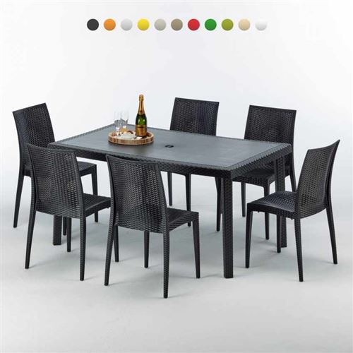 Grand Soleil - Table rectangulaire et 6 chaises Poly rotin colorées 150x90cm noir Enjoy, Chaises Modèle: Bistrot Anthracite noir