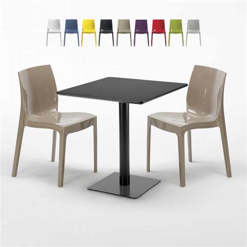 Table carrée noire 70x70 avec 2 chaises colorées Ice Kiwi, Couleur: Beige