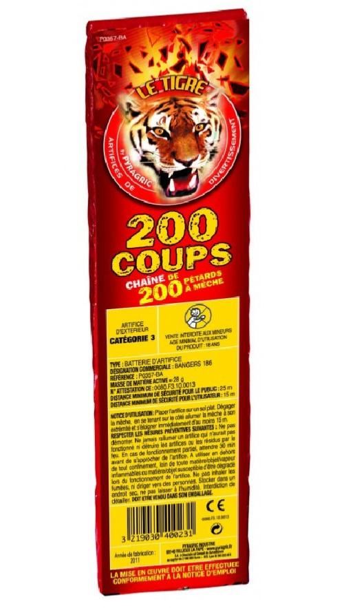 200 coups –chaine de 200 pétards à mèche le tigre pyragric reliés en batterie soumis a registre