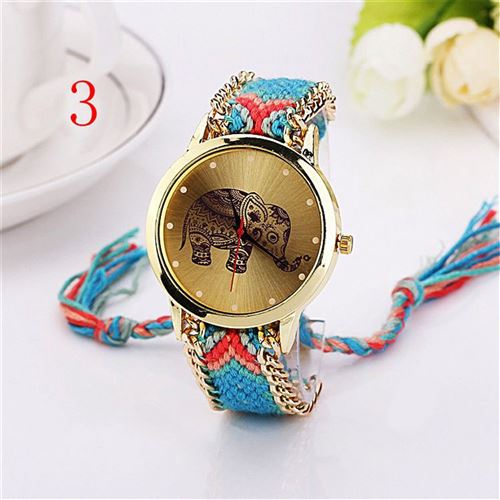 Montre Femme Genève tressé-bricolage éléphant main nationale Bleu