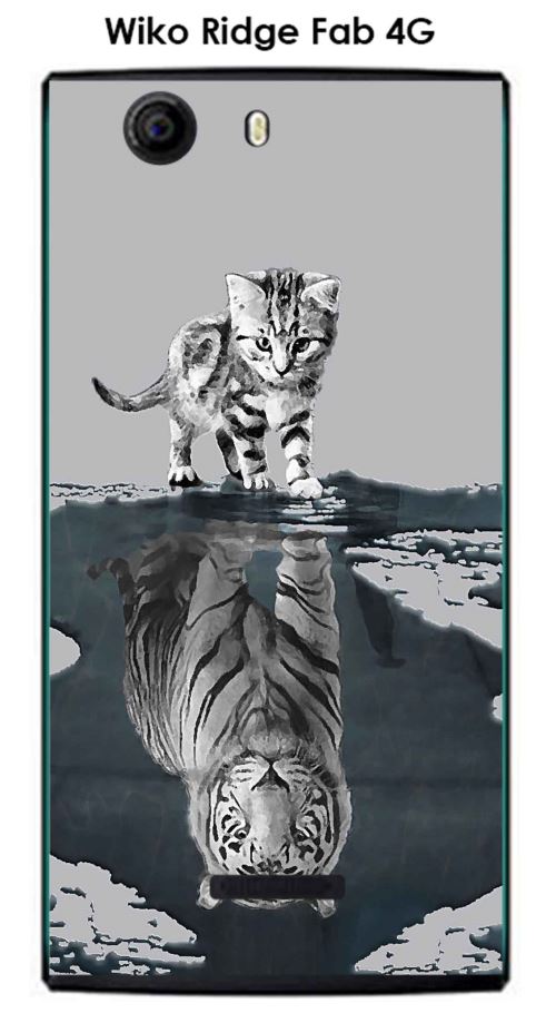 Coque TPU gel souple Wiko Ridge Fab 4G design Chat Tigre Blanc fond gris