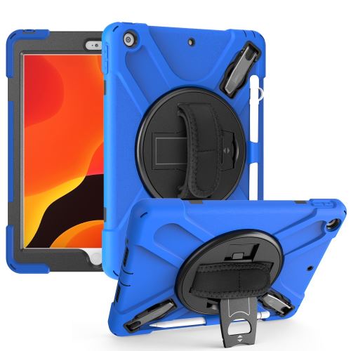Coque en TPU + Silicone avec deux types de béquille, sangle et porte-stylet bleu pour votre Apple iPad 10.2 (2019)