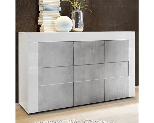 Bahut blanc laqué brillant et effet béton FACTORY 2 - Blanc - L 138 x P 42 x H 84 cm