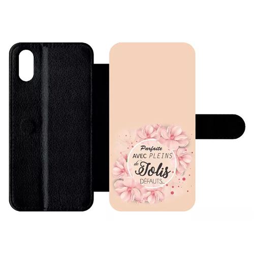 Etui My-Kase pour iPhone X - parfaite avec pleins de jolis defauts fleurs fond rose - Simili-cuir Noir