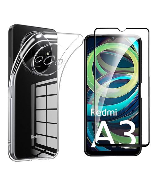 Pack coque transparente en TPU et protection écran complet vitre full cover noir en verre trempé pour Xiaomi Redmi A3 - XEPTIO
