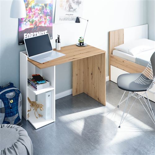 Bureau droit Pegane Meuble de bureau, table de bureau en pin avec 3 tiroirs  coloris blanc - Longueur 120 x Profondeur 54 x Hauteur 74 cm