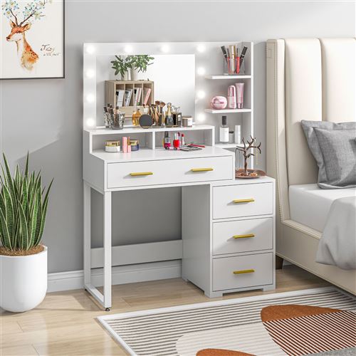 Coiffeuse D'angle Zelia Blanche Avec Miroir LED - 3 étagères, Tiroir, Caisson Et Tabouret - Pour Dressing Ou Chambre - 7