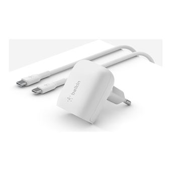 Belkin BOOST CHARGE - Adaptateur secteur - 20 watt - 3 A - Power Delivery 3.1, Fast Charge (USB-C) - sur le câble : USB-C - Certifié MFI - blanc - avec Câble USB-C vers USB-C - 1