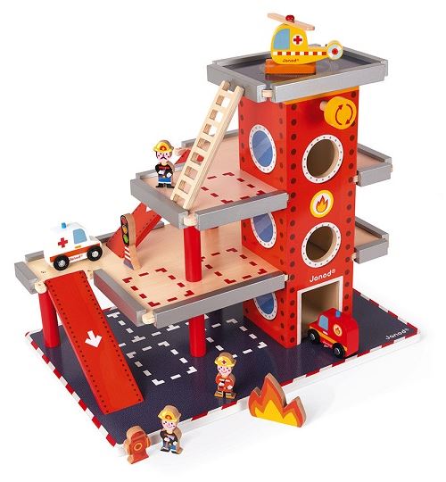 Caserne de pompiers en bois 3 niveaux + 10 accessoires (dont vehicules) - avec ascenceur et heliport - univers garcon 3-8 ans